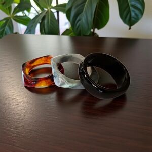 Set of Three Acrylic Bangle Bracelets in Black, Marbled Dark Amber & Gray NWOT